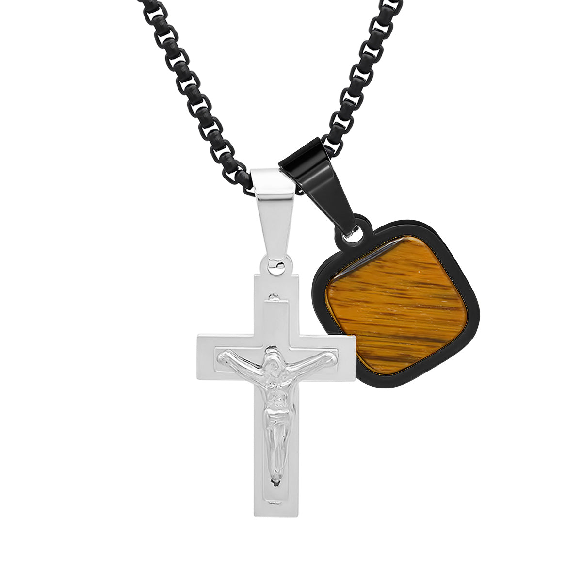 Two Tone Black Ip And Stainless Steel Cross And Tiger Eye Dog Tag Pendant