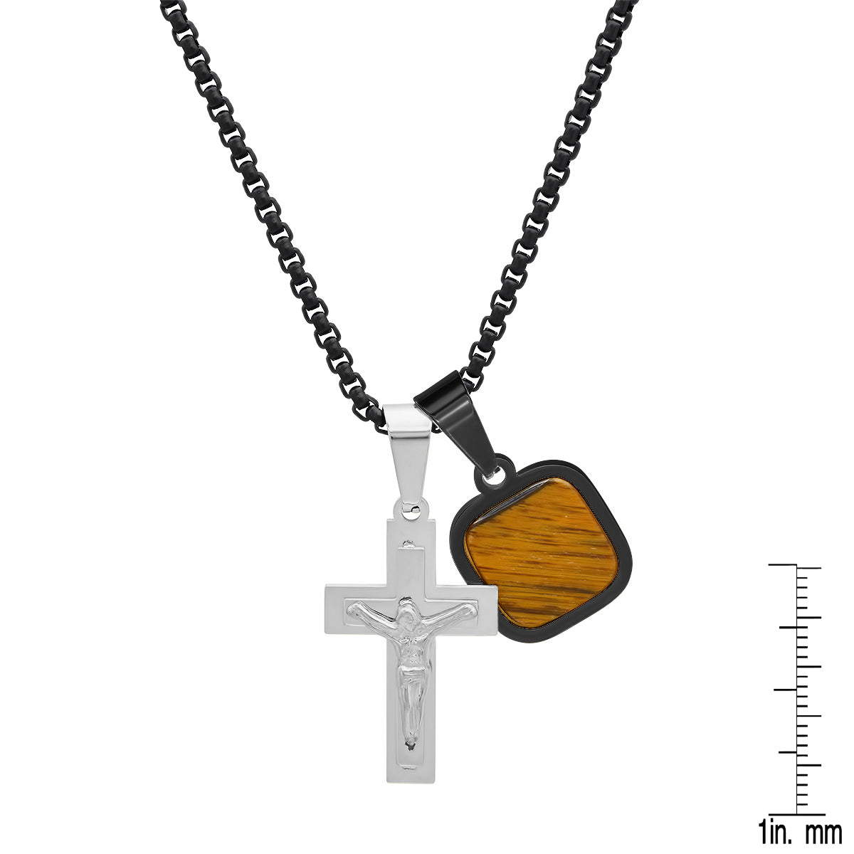 Two Tone Black Ip And Stainless Steel Cross And Tiger Eye Dog Tag Pendant