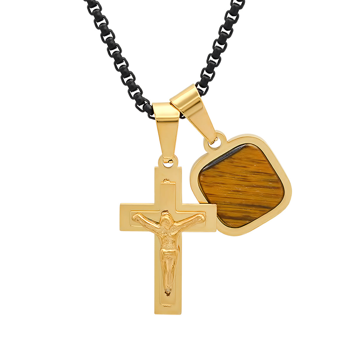 Two Tone Black Ip And Stainless Steel Cross And Tiger Eye Dog Tag Pendant