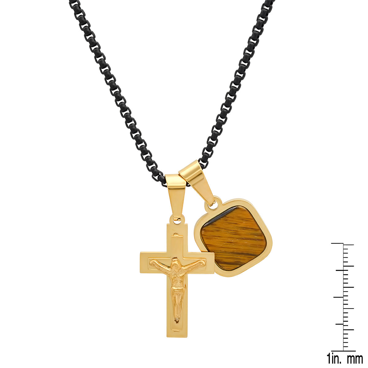 Two Tone Black Ip And Stainless Steel Cross And Tiger Eye Dog Tag Pendant