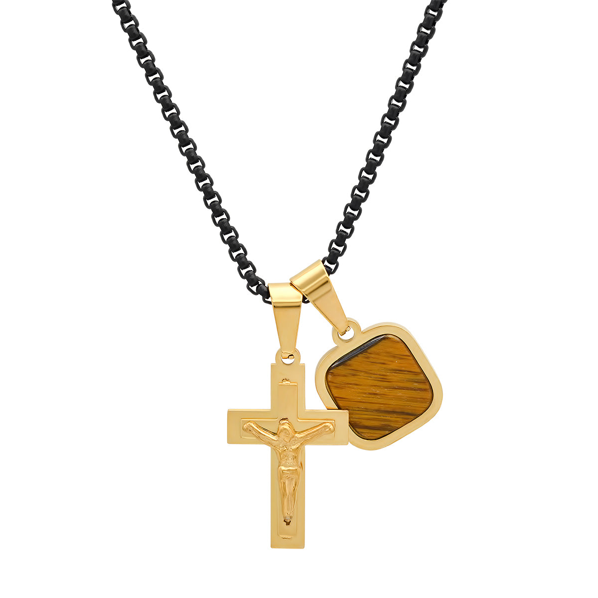 Two Tone Black Ip And Stainless Steel Cross And Tiger Eye Dog Tag Pendant