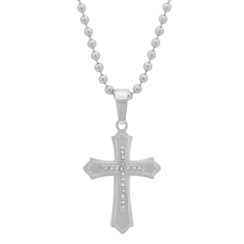 Stainless Steel Double Cross With Simulated Diamonds Pendant