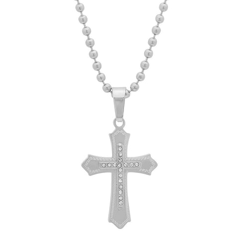 Stainless Steel Double Cross With Simulated Diamonds Pendant