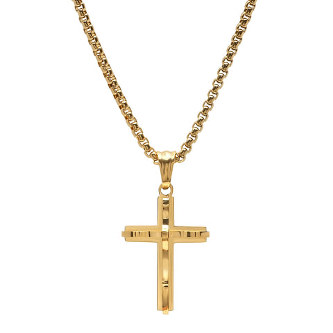 18K Gold Plated Stainless Steel Double Layer Ridged Cross Pendant