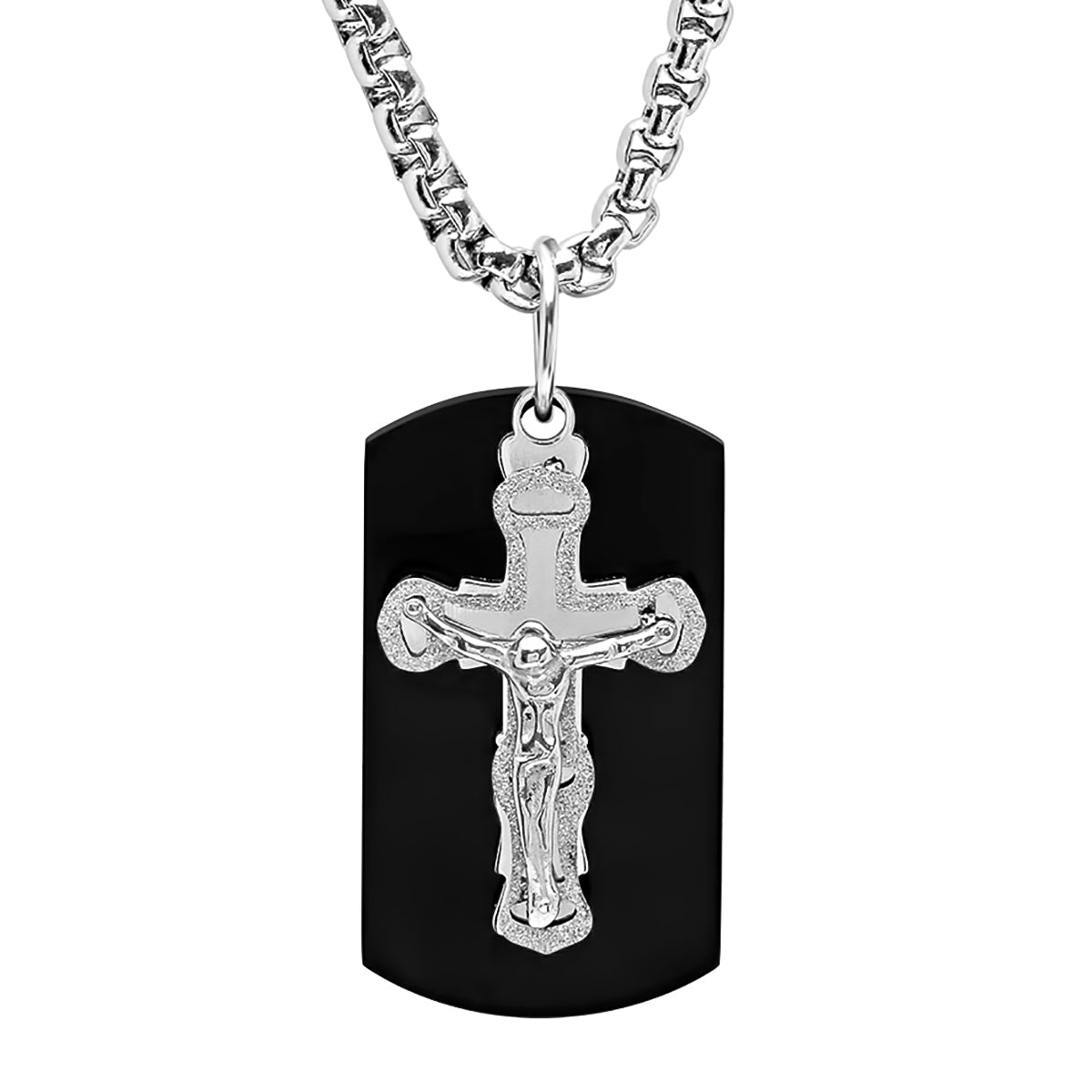 Stainless Steel Sandblast Crucifix And Black Ip Dog Tag Pendant Necklace