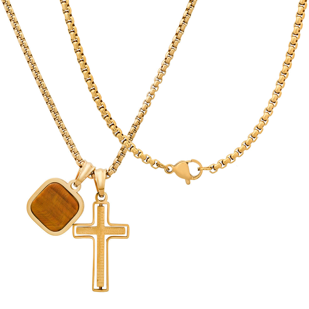 Black Ip Stainless Steel Lord'S Prayer Spinning Cross And Tiger Eye Dog Tag Pendants