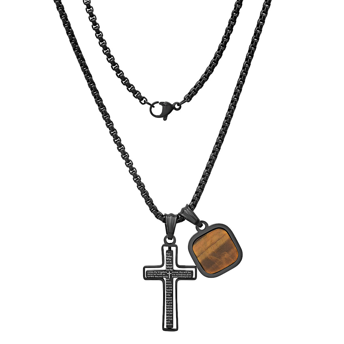 Black Ip Stainless Steel Lord'S Prayer Spinning Cross And Tiger Eye Dog Tag Pendants