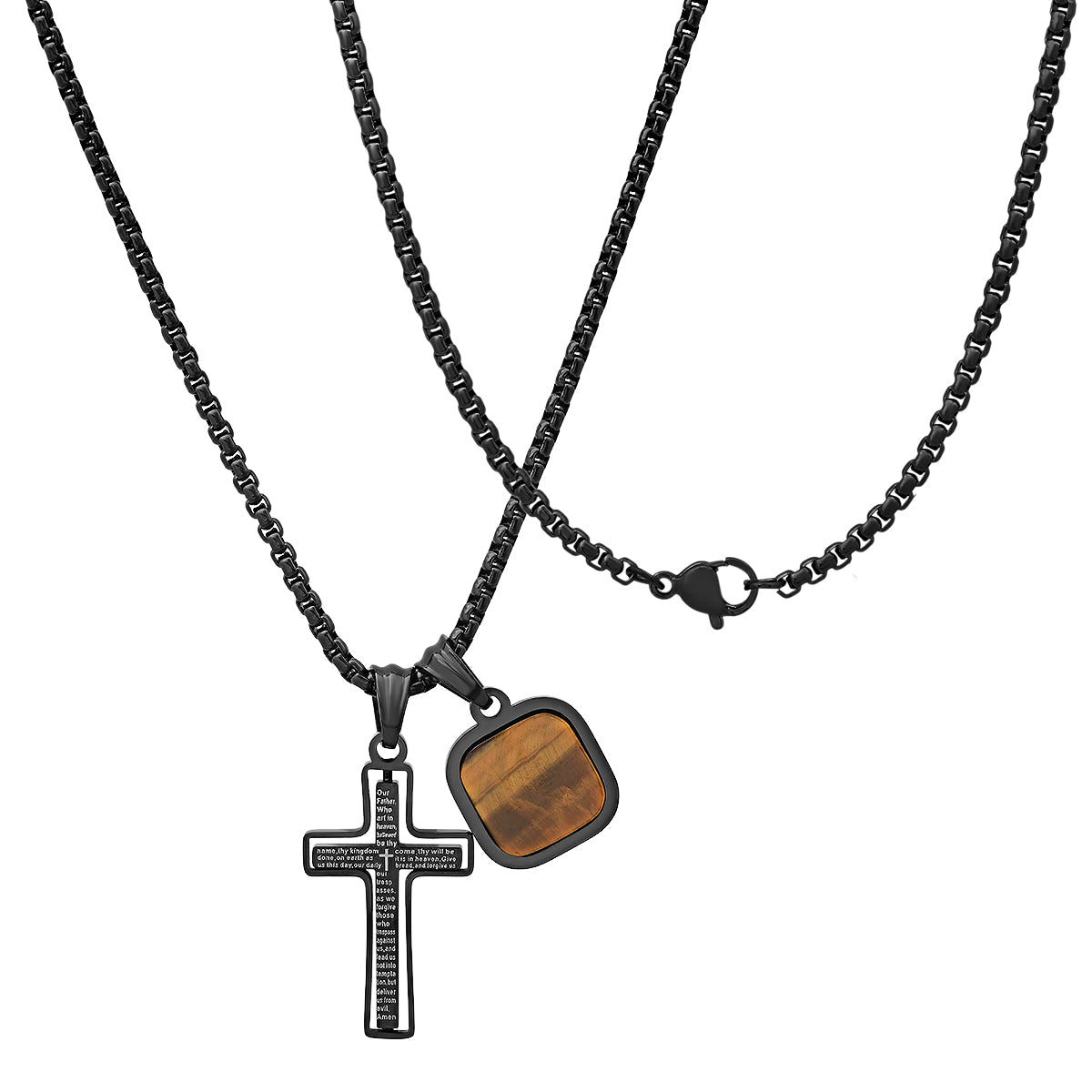 Black Ip Stainless Steel Lord'S Prayer Spinning Cross And Tiger Eye Dog Tag Pendants