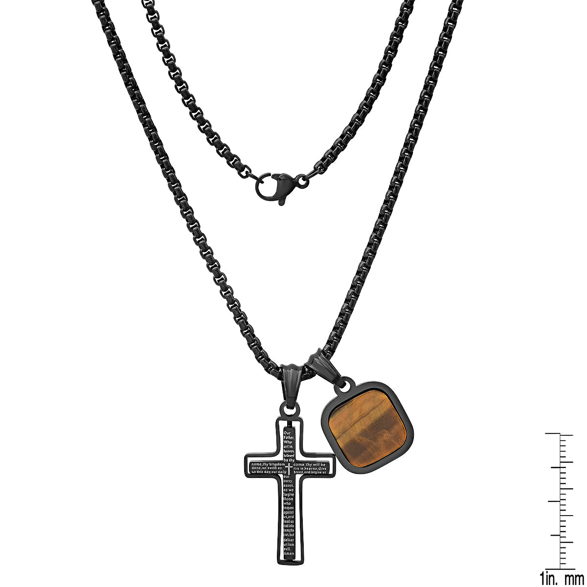 Black Ip Stainless Steel Lord'S Prayer Spinning Cross And Tiger Eye Dog Tag Pendants