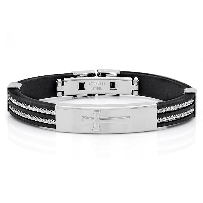 Rubber Bracelet With Cable Wire And Cross Design