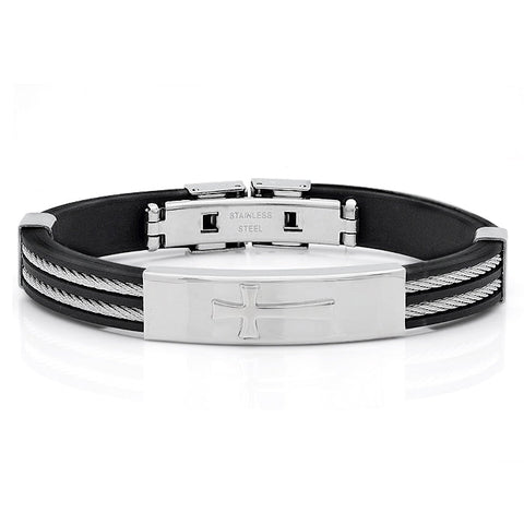 Rubber Bracelet With Cable Wire And Cross Design