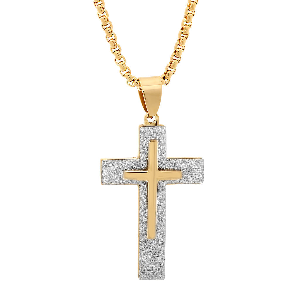 18K Gold Plated Stainless Steel Double Cross Sandusted Pendant