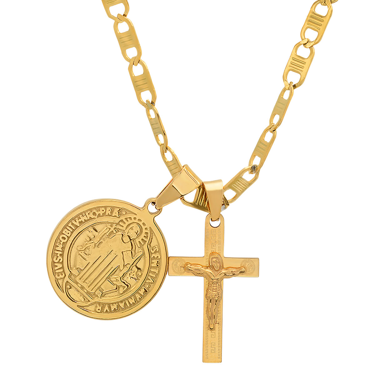 18K Gold Plated Stainless Steel St. Benedict And Cross Pendant