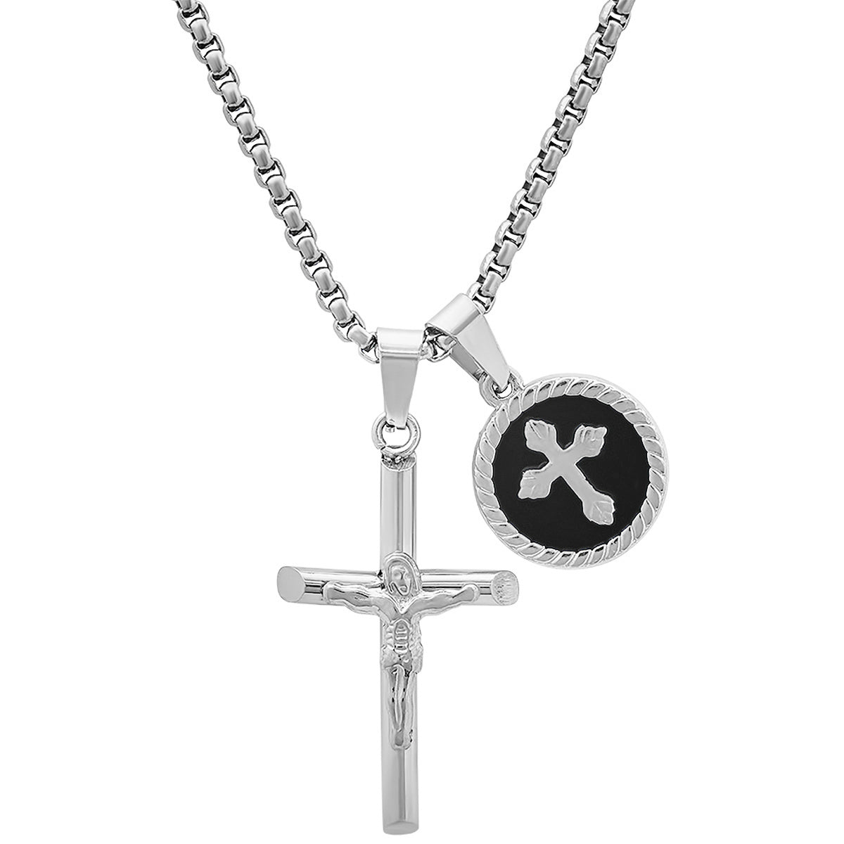 Stainless Steel Cross And Black Enamel Round Pendants