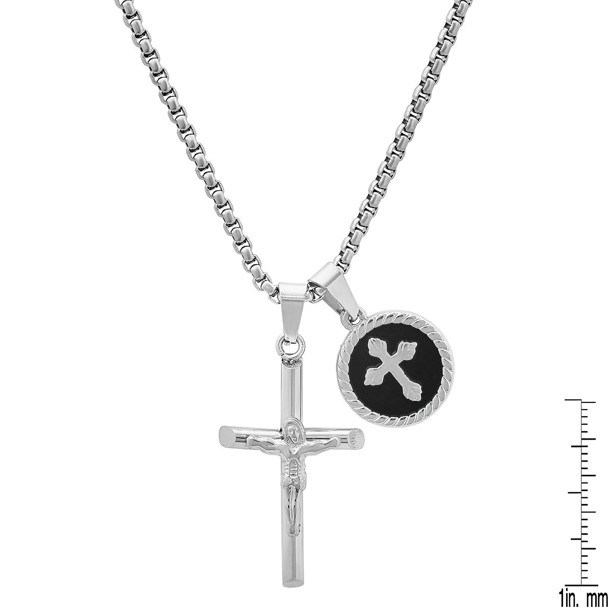 Stainless Steel Cross And Black Enamel Round Pendants