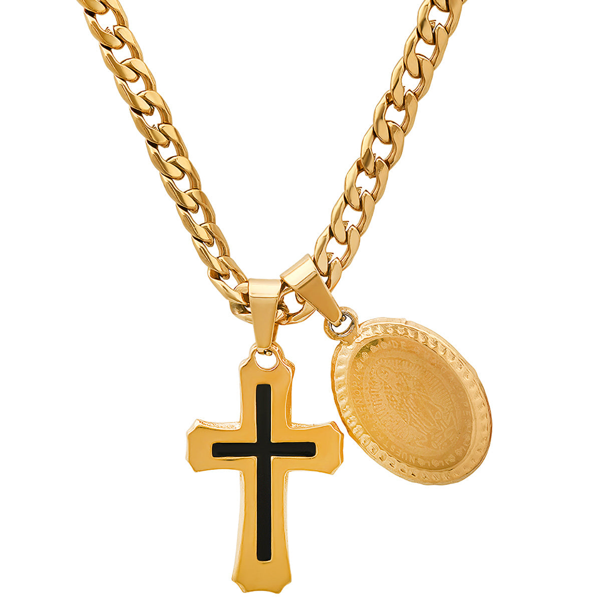 18K Gold Plated Stainless Steel And Black Enamel Cross & Guadalupe Oval Pendants