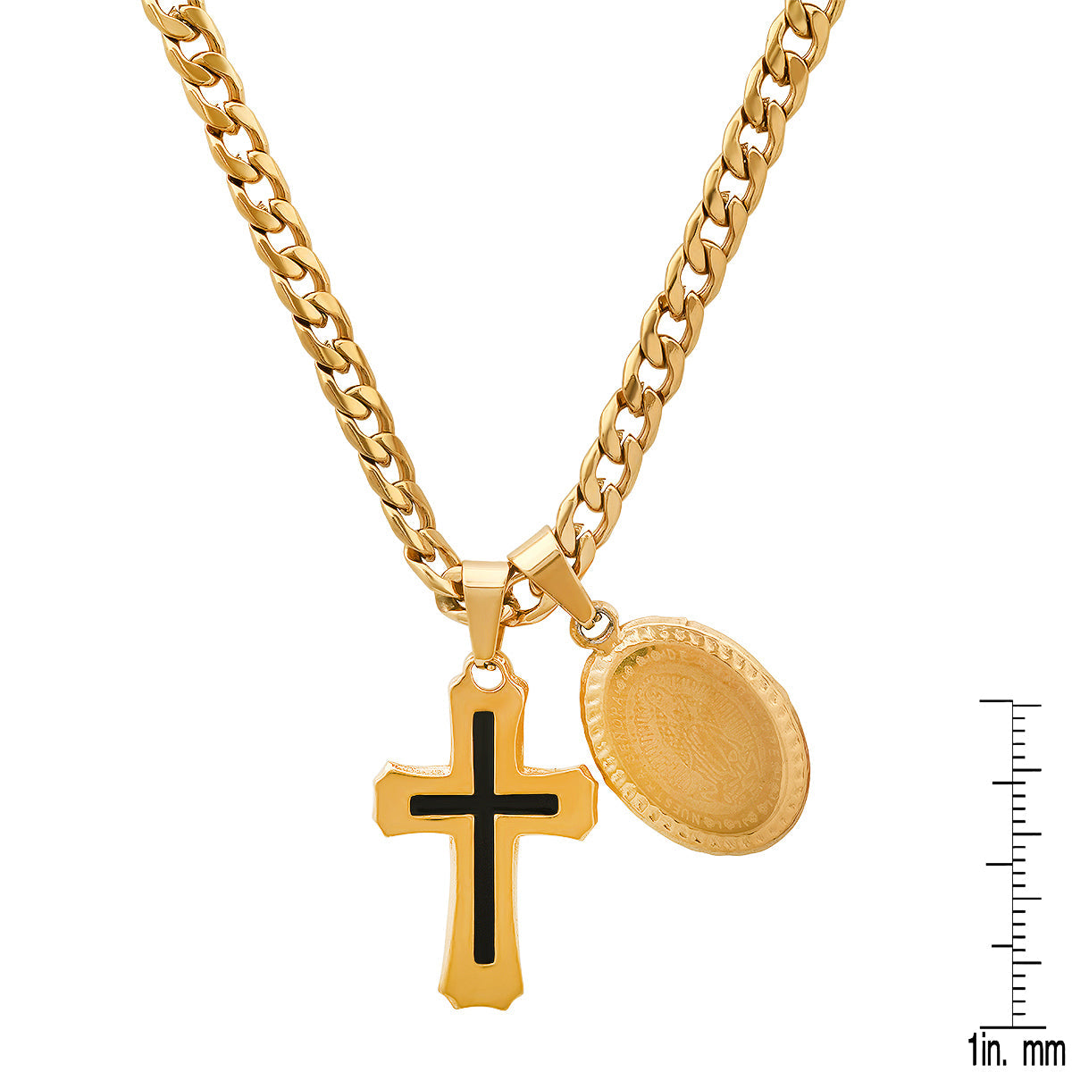 18K Gold Plated Stainless Steel And Black Enamel Cross & Guadalupe Oval Pendants