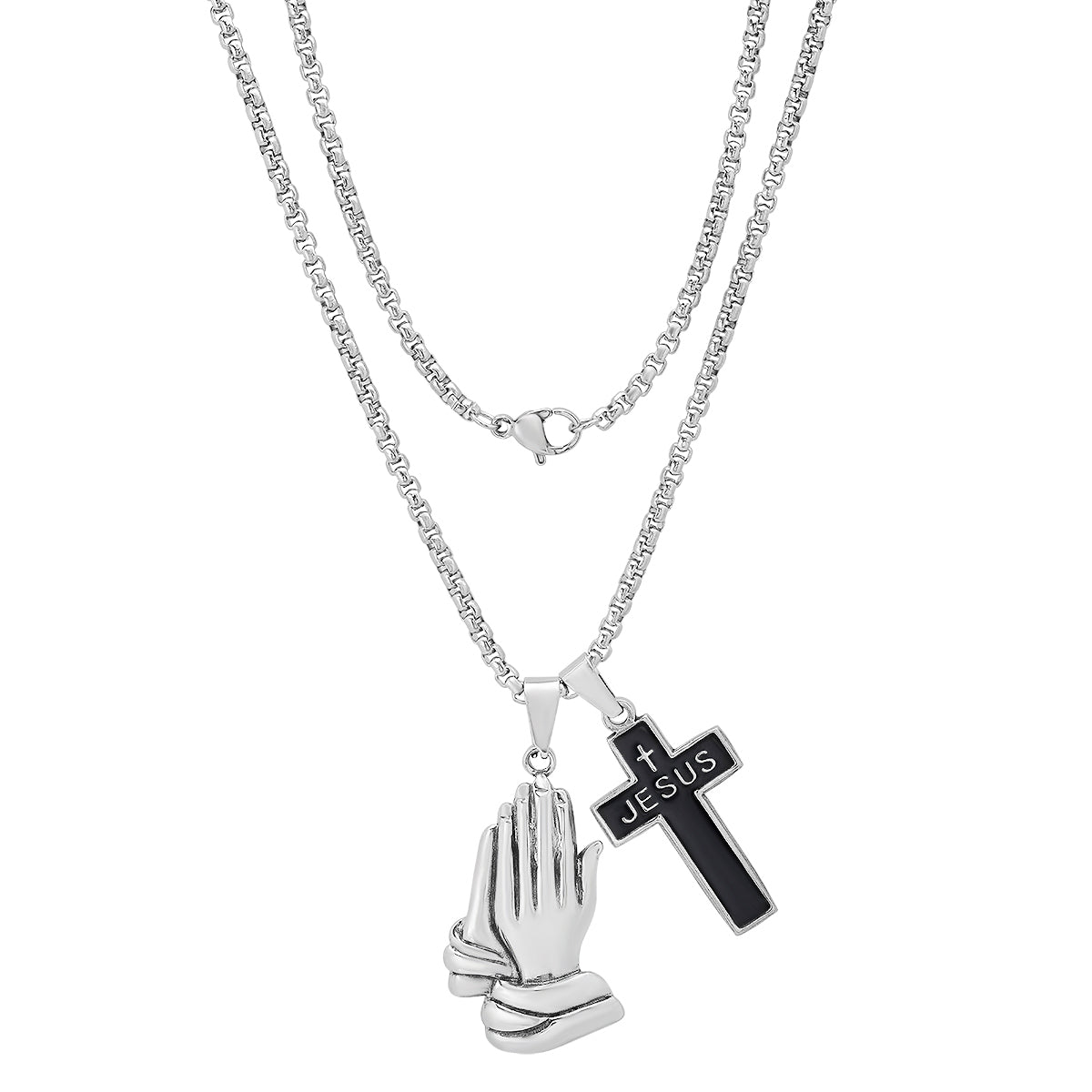 Stainless Steel And Black Enamel Cross ("Jesus") And Prayer Hands Pendants