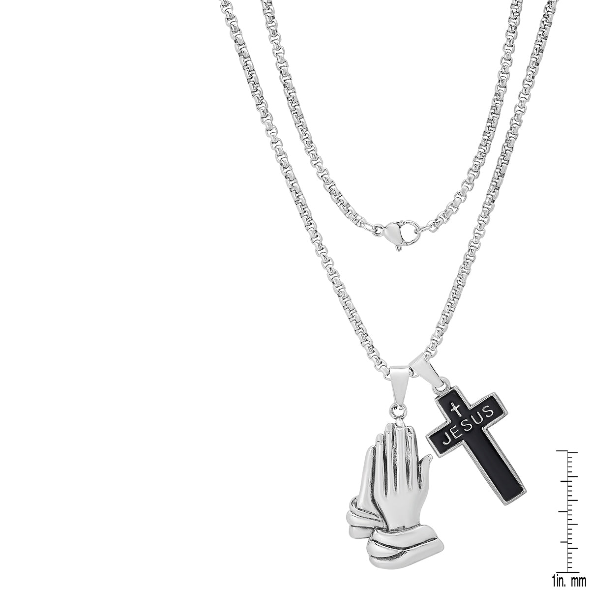 Stainless Steel And Black Enamel Cross ("Jesus") And Prayer Hands Pendants