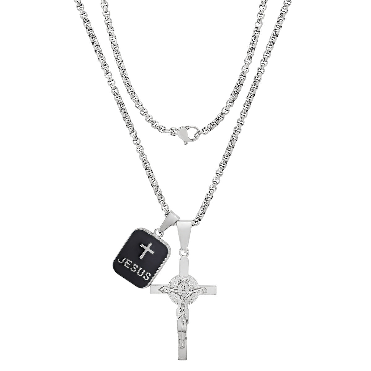 Stainless Steel And Black Enamel Dog Tag & Crucifix Pendants