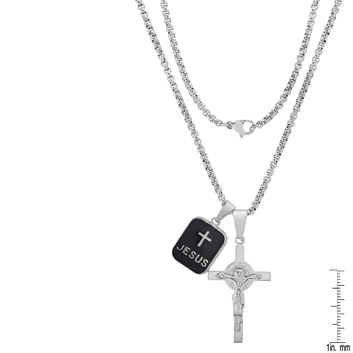 Stainless Steel And Black Enamel Dog Tag & Crucifix Pendants