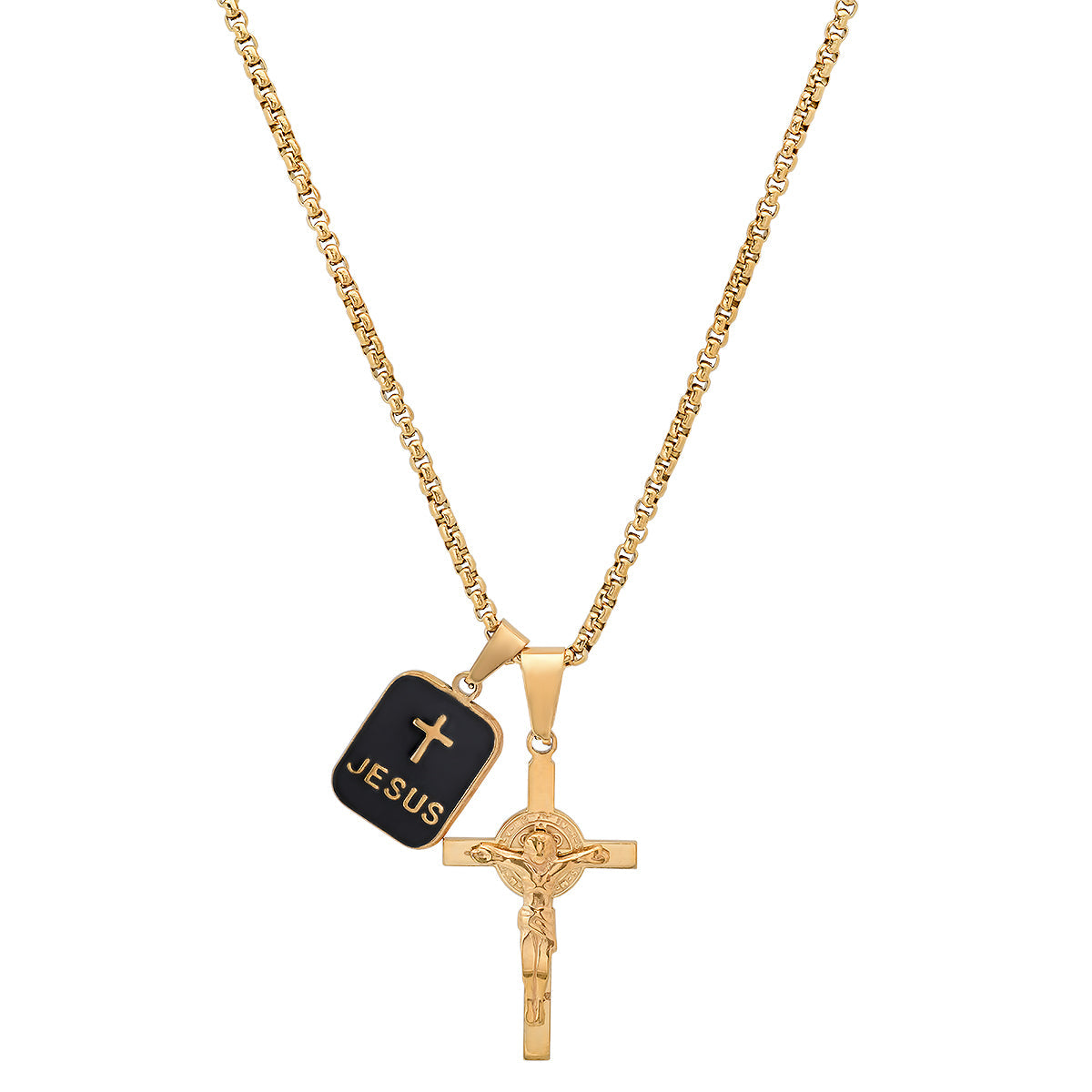 Stainless Steel And Black Enamel Dog Tag & Crucifix Pendants