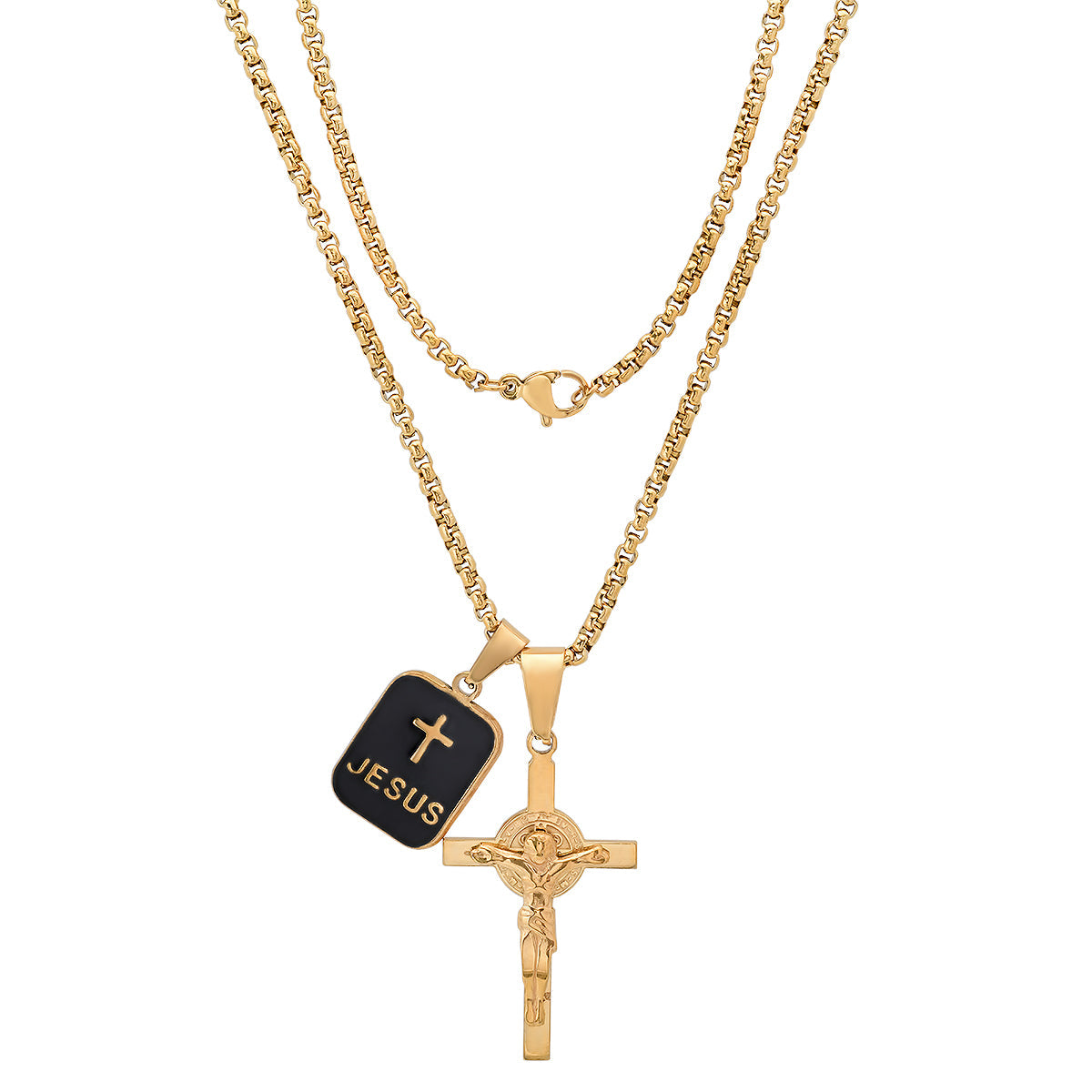 Stainless Steel And Black Enamel Dog Tag & Crucifix Pendants