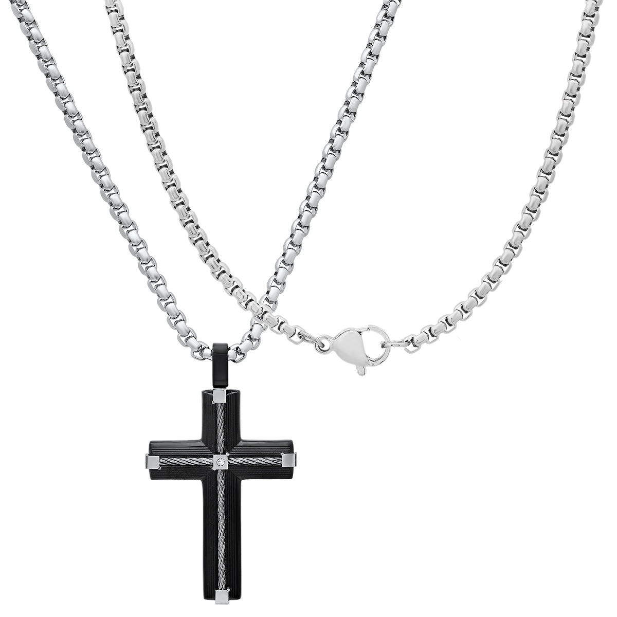 Two Tone Black Ip & Stainless Steel Inlay Wire Cable Cross With Simulated Diamonds Accent Pendant