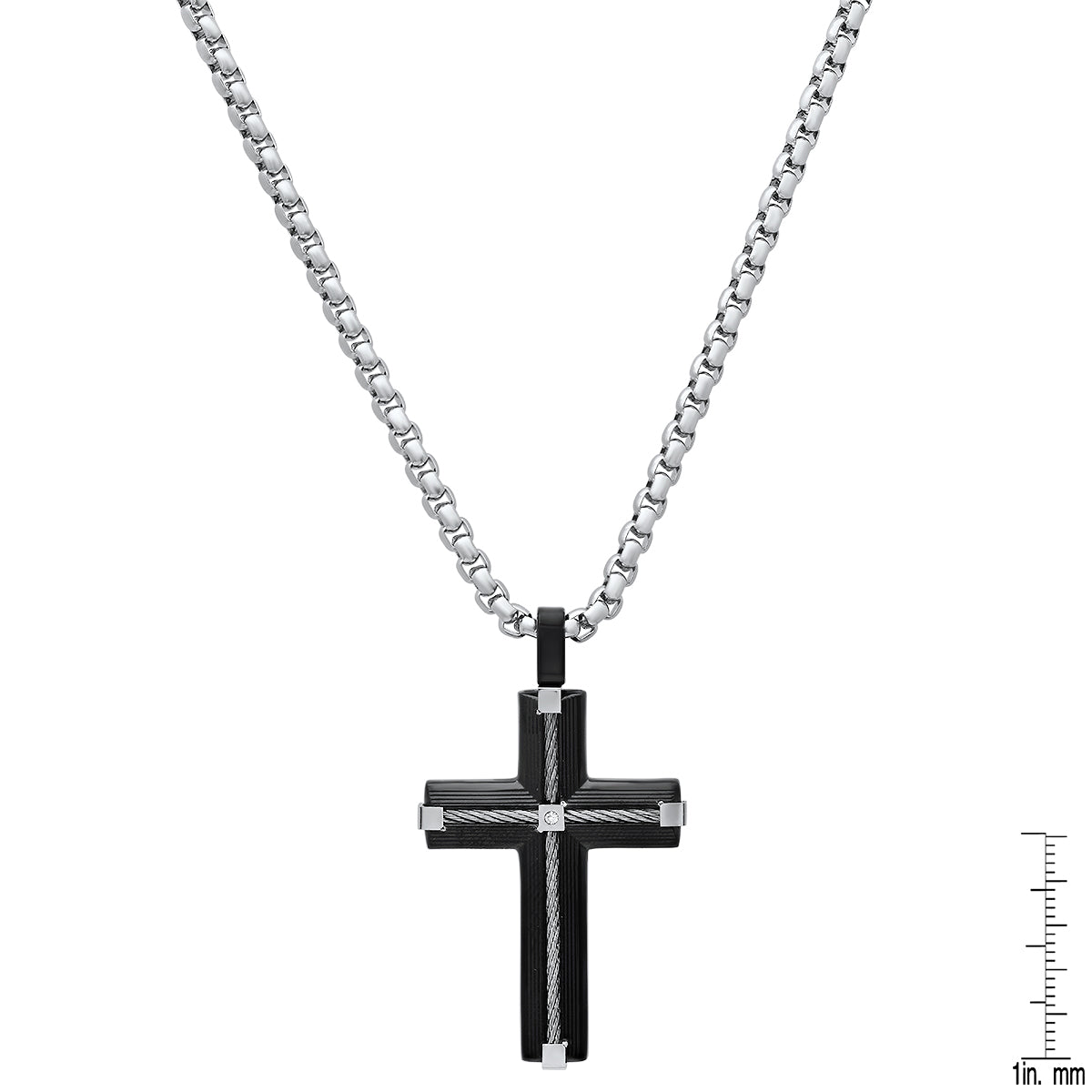 Two Tone Black Ip & Stainless Steel Inlay Wire Cable Cross With Simulated Diamonds Accent Pendant