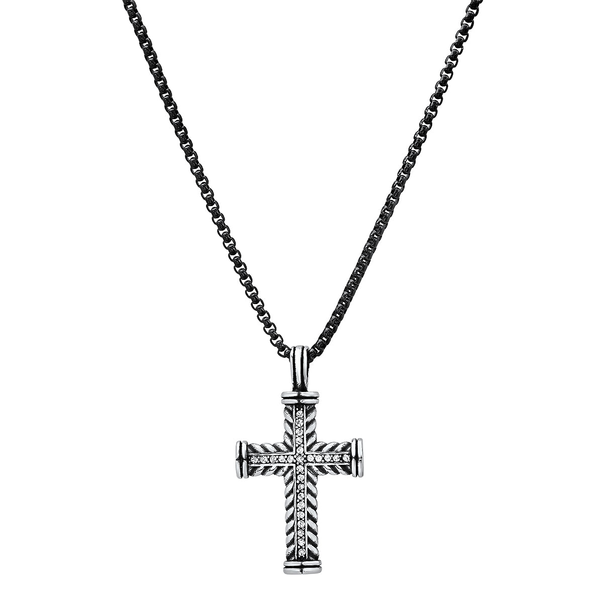 Two Tone Stainless Steel Braided Cross Pendant With Simulated Diamonds