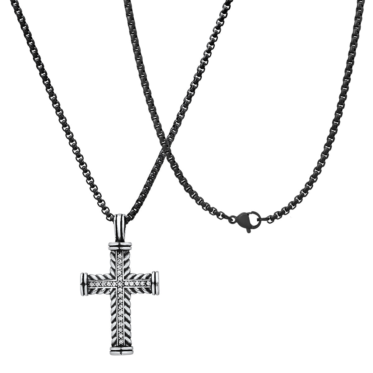 Two Tone Stainless Steel Braided Cross Pendant With Simulated Diamonds