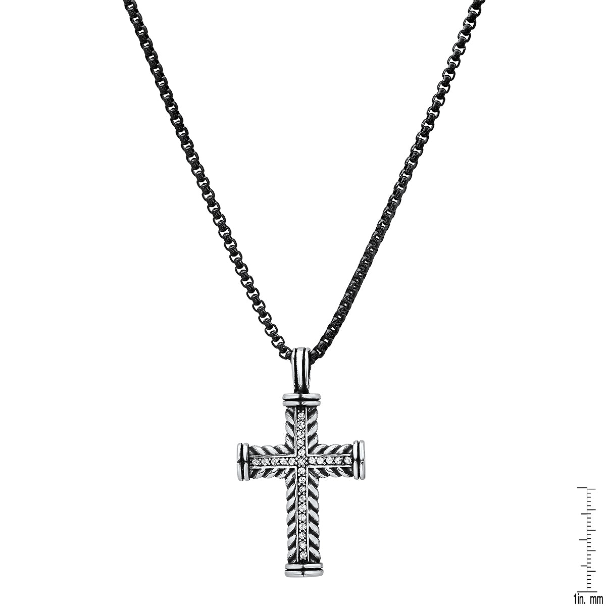 Two Tone Stainless Steel Braided Cross Pendant With Simulated Diamonds
