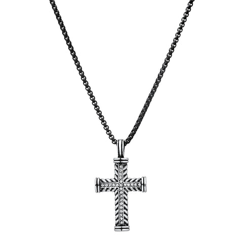 Two Tone Stainless Steel Braided Cross Pendant With Simulated Diamonds
