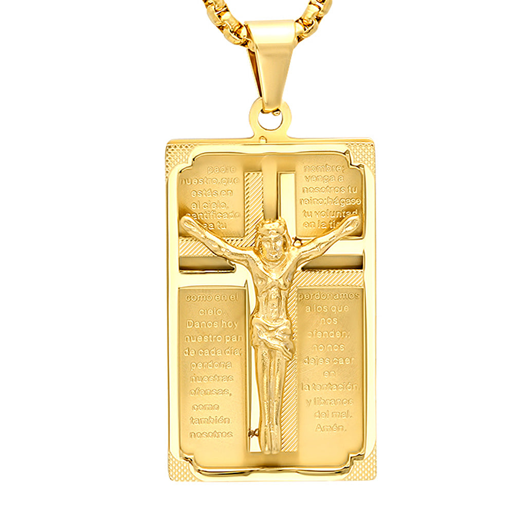 18K Gold Plated Stainless Steel Crucifix Padre Nuestro Prayer Frame Pendant