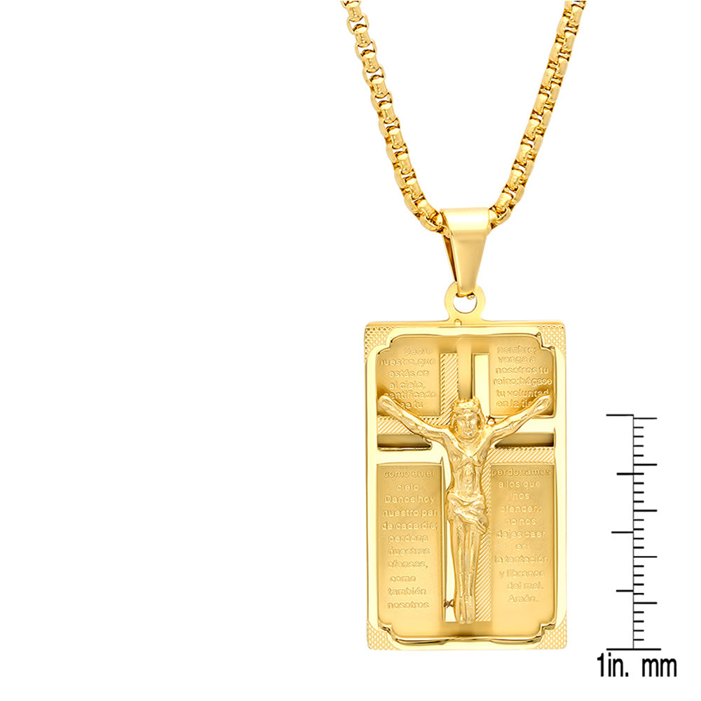 18K Gold Plated Stainless Steel Crucifix Padre Nuestro Prayer Frame Pendant