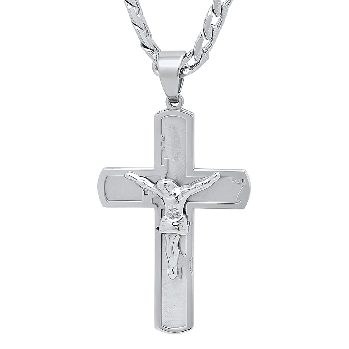 Stainless Steel Crucifix Pendant On Flat Curb Chain