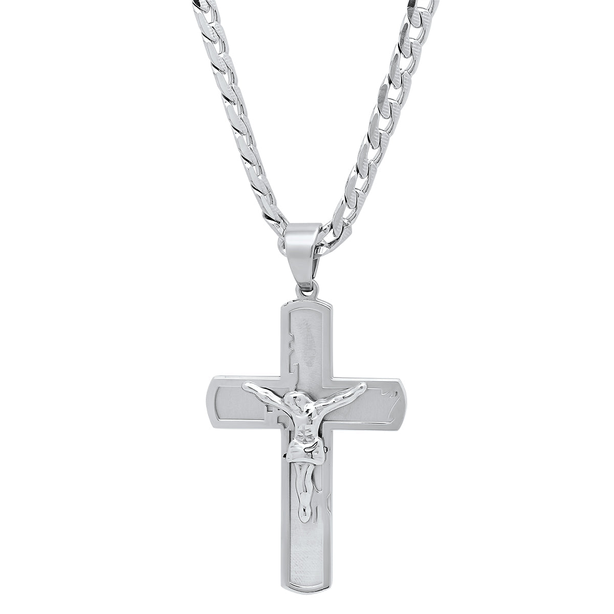 Stainless Steel Crucifix Pendant On Flat Curb Chain