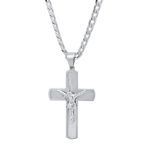 Stainless Steel Crucifix Pendant On Flat Curb Chain