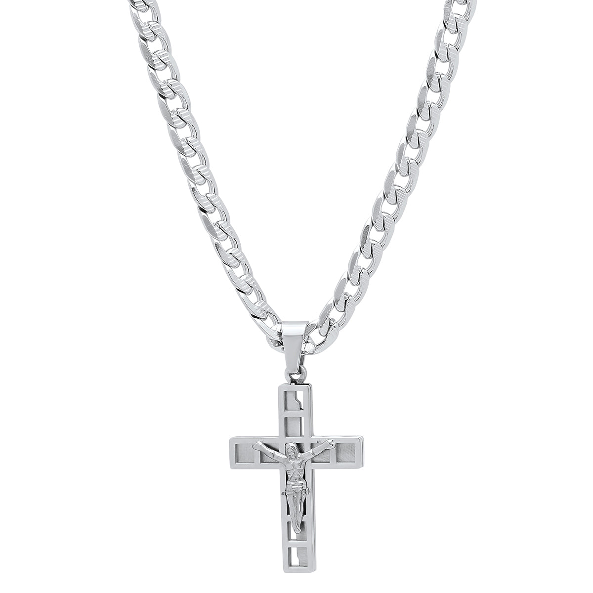 Stainless Steel Mini Crucifix Pendant With Flat Curb Chain