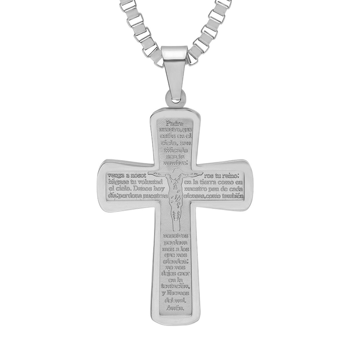 Stainless Steel Padre Nuestro Prayer Crucifix Pendant