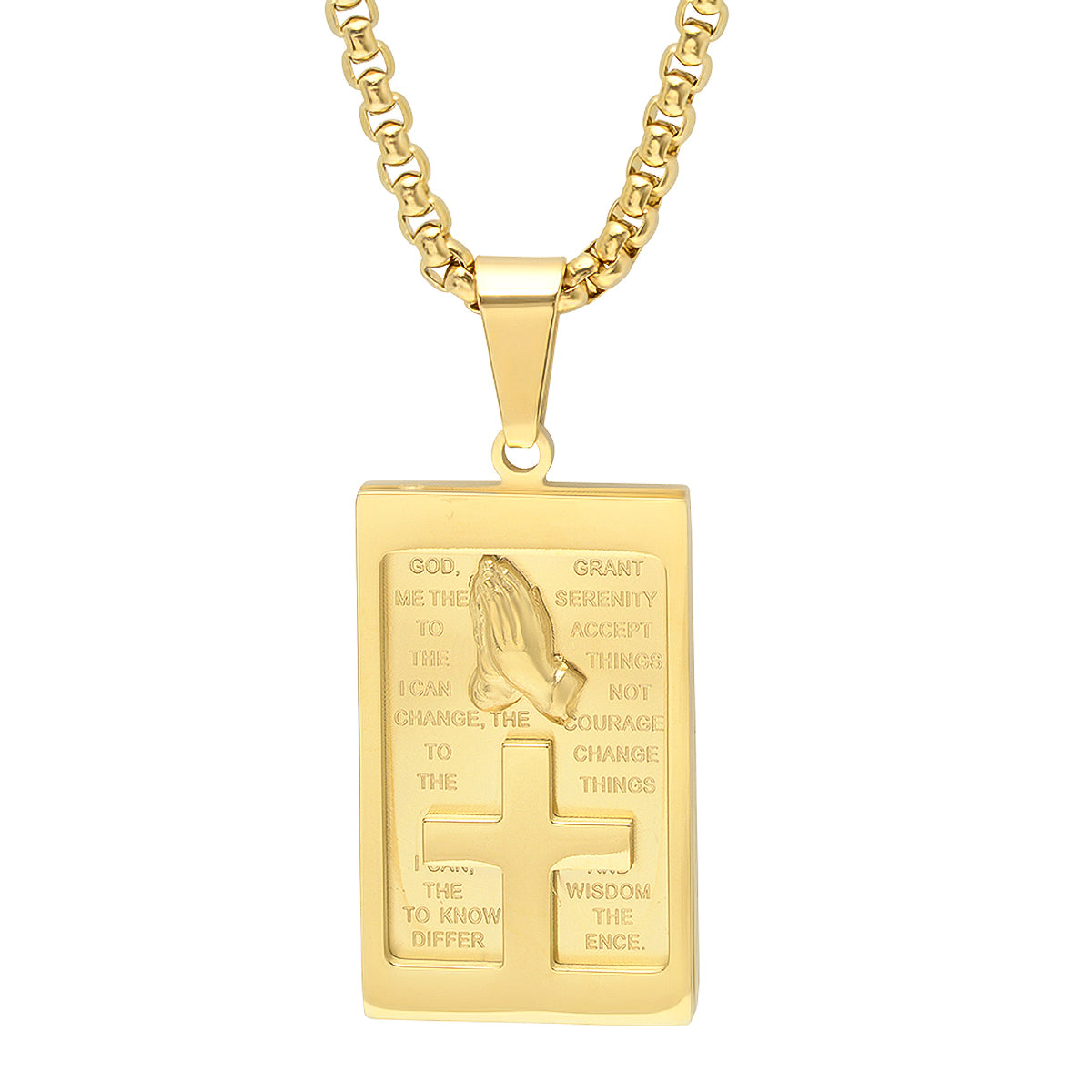 18K Gold Plated Stainless Steel Rounded Box Chain Necklace With Serenity Prayer Plate And Prayer Hands Pendant