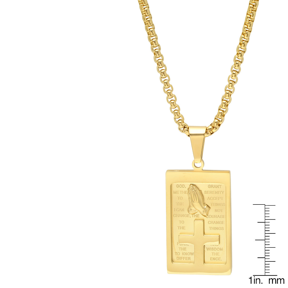 18K Gold Plated Stainless Steel Rounded Box Chain Necklace With Serenity Prayer Plate And Prayer Hands Pendant