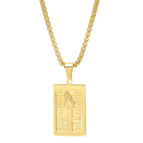 18K Gold Plated Stainless Steel Rounded Box Chain Necklace With Serenity Prayer Plate And Prayer Hands Pendant