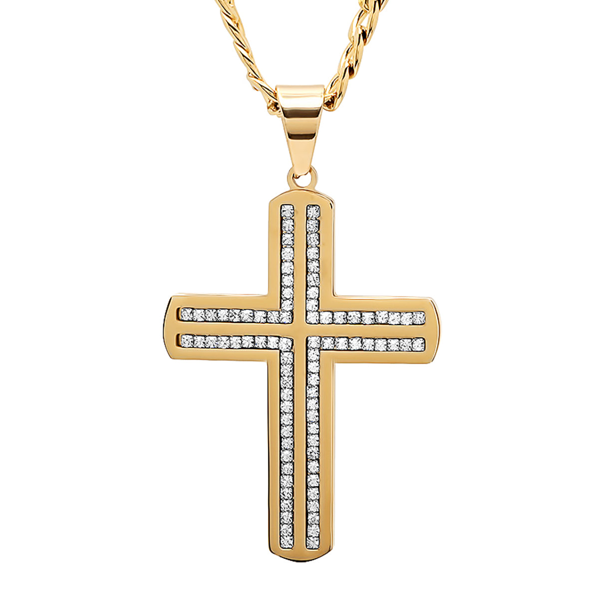 18K Gold Plated Stainless Steel Simulated Diamond Cross Pendant On Figaro Chain