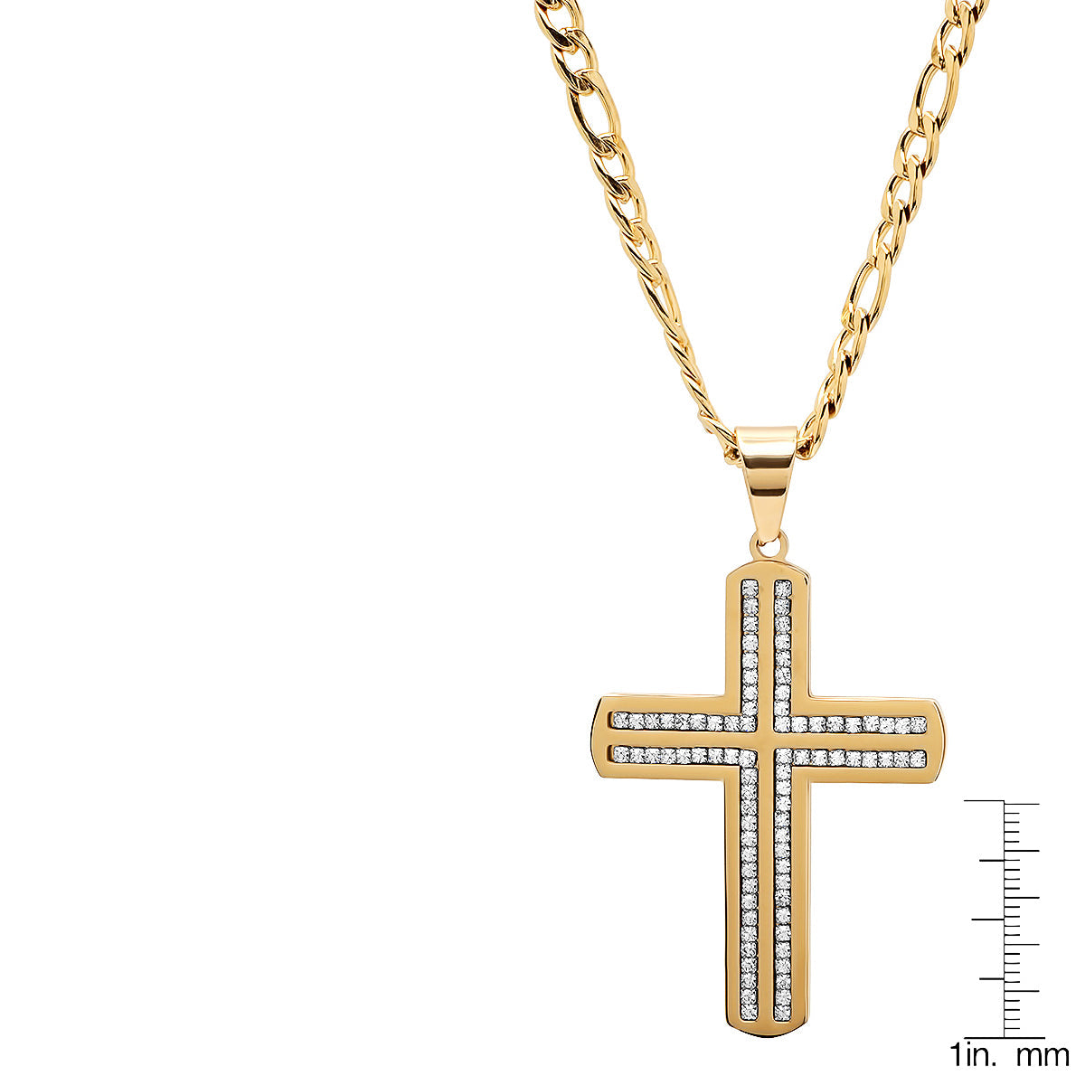 18K Gold Plated Stainless Steel Simulated Diamond Cross Pendant On Figaro Chain
