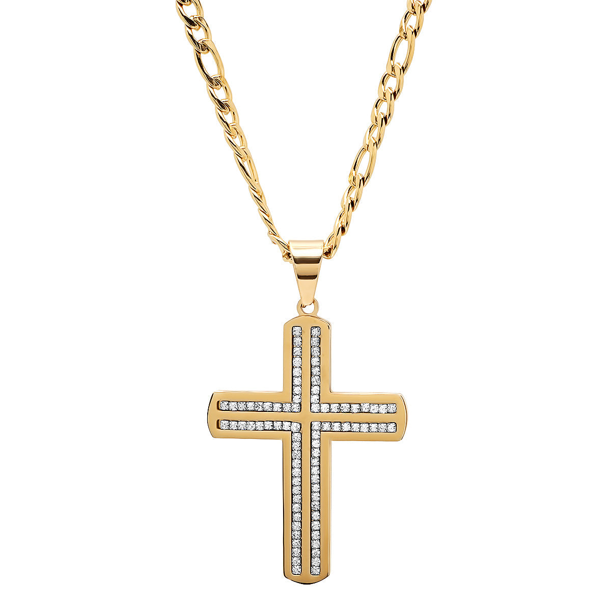 18K Gold Plated Stainless Steel Simulated Diamond Cross Pendant On Figaro Chain