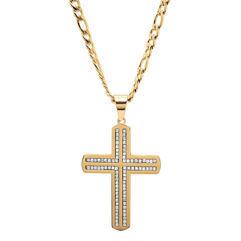 18K Gold Plated Stainless Steel Simulated Diamond Cross Pendant On Figaro Chain