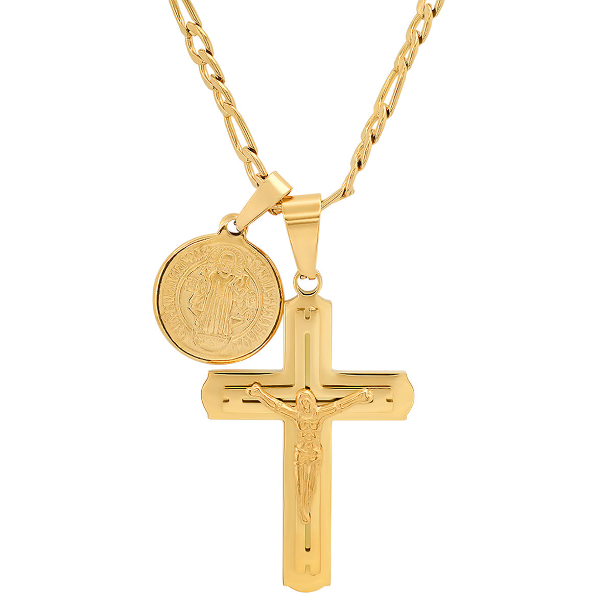 18K Gold Plated Crucifix And St. Benedict Pendant