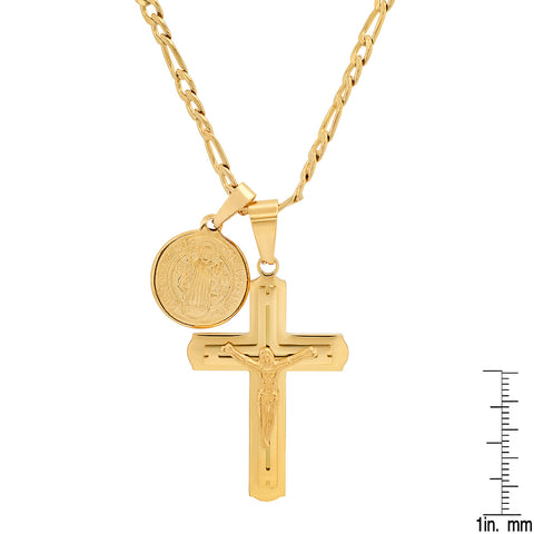 18K Gold Plated Crucifix And St. Benedict Pendant