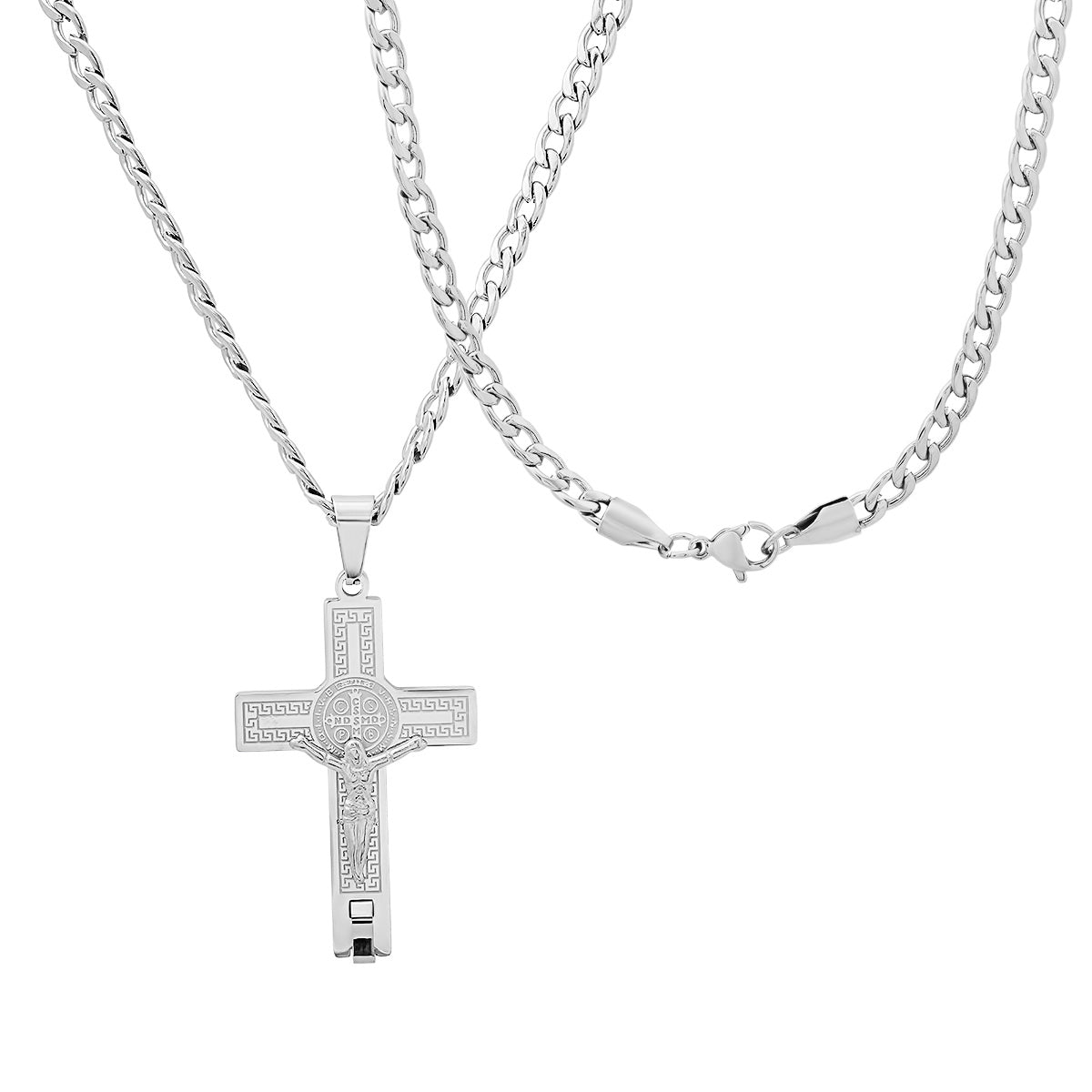 Stainless Steel St. Benedict Crucifix Pendant With Greek Key Accents